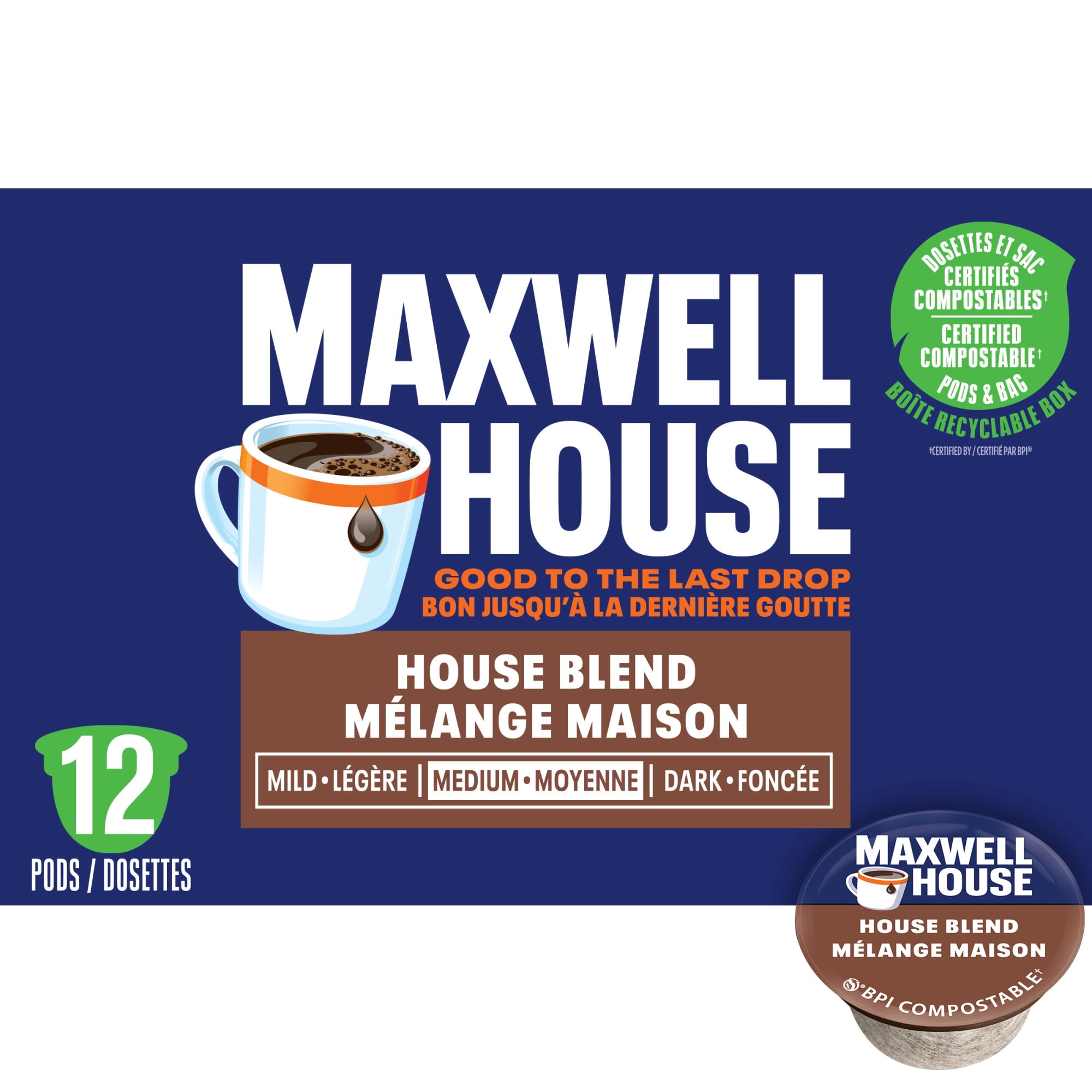 Maxwell House House Blend Coffee 100% Compostable Pods, 12 Pods, Medium