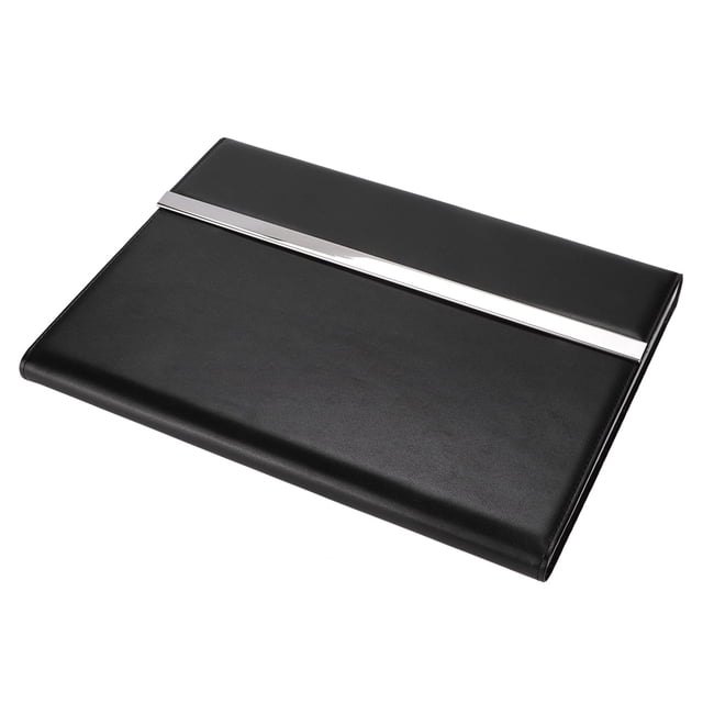 Document Bag, Portable Durable PU Business Case Briefcase in black with a sleek design. Made of high-quality PU material, it features a durable and wear-resistant build. The bag includes a stainless steel accent, a large capacity for documents and small items, and is lightweight for easy carrying. Ideal for business travel and professional use.