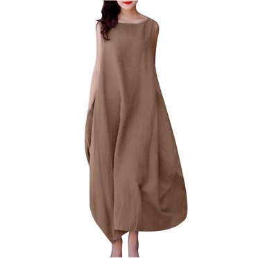 Pompotops Robe Longue d'Été pour Femme, Couleur Unie, Douce et Confortable, Sans Manches, en Solde
