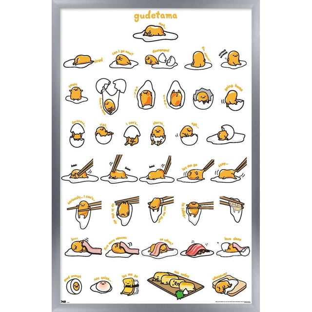 Gudetama - Grid Wall Poster, 14.725" x 22.375", featuring multiple cartoon illustrations of the lazy egg character Gudetama in various poses such as lying down, stretching, wrapped in bacon, and held by chopsticks on a white background with a silver frame. This wall art adds playful room decor to bedrooms, dorms, or offices and is often used to personalize living spaces with quirky style.