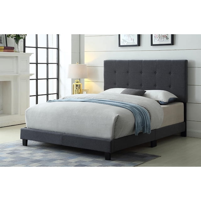 Logan Adjustable Upholstered Platform Bed with Button Tufted Headboard, Modern Linen & Faux Leather Bed Frame, Grey, Single