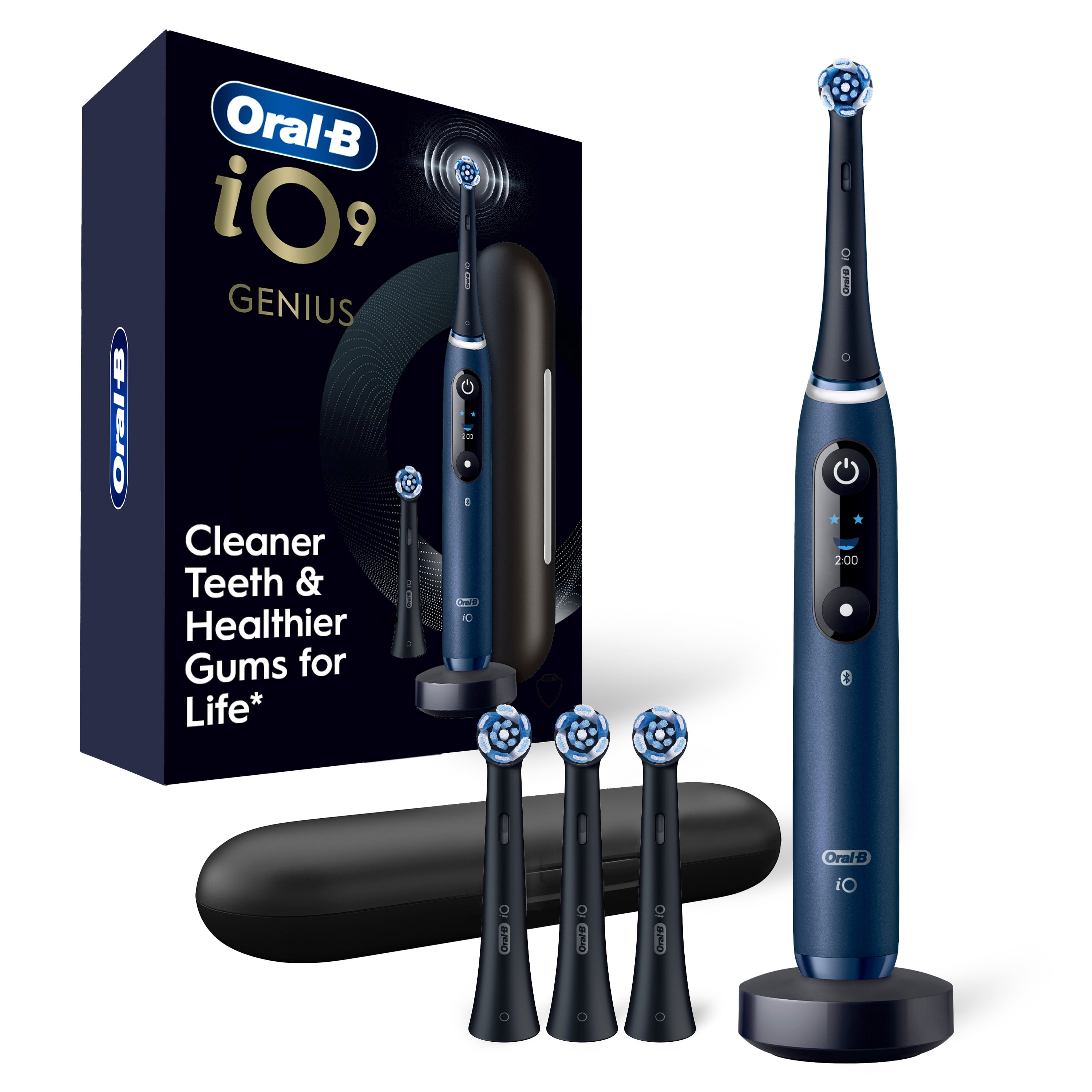 Brosse à dents électrique rechargeable Oral-B, iO9 Genius, 7 modes de nettoyage, écran interactif, étui de voyage avec chargeur intégré, détecteur de pression visible, 4 brossettes, bleu saphir