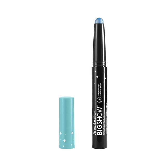 Bigshow Multi-Use Eyeshadow Pen in blue with twist-up stick and light blue cap, featuring creamy, shimmery texture and long-lasting, waterproof formula suitable for eyeshadow and liner application.