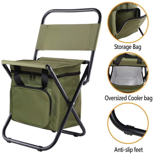 Fishing Chair Folding Chair Portable Effective Stainless Steel Strong Load-bearing Camping. A green foldable camping chair made of durable polyester Oxford cloth with a lightweight metal frame. Features include a built-in storage bag, an oversized insulated cooler bag, and anti-slip feet for stability. Compact design folds to 45 x 35 cm and expands to 35 x 29 x 96 cm, making it ideal for camping, fishing, picnics, and other outdoor activities.