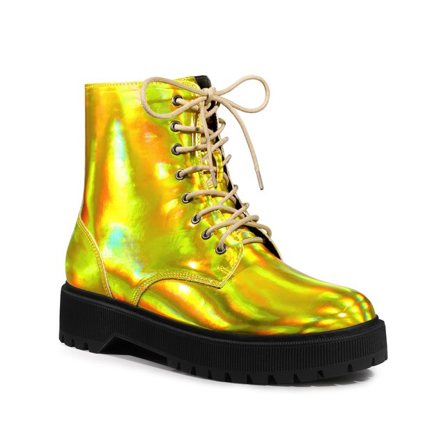 Unique Bargains Bottines de Combat Colorées à Lacets à Plateforme à Bout Rond pour Femme Or Jaune (Taille 7,5)