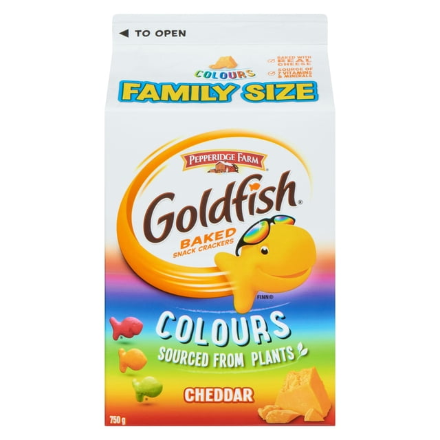Goldfish® Colours Cheddar Cheese Crackers Family Size Carton 750 g showing a white carton with a rainbow gradient at the bottom, featuring the Goldfish mascot with sunglasses, highlighting baked cheddar cheese snack crackers made with plant-sourced colours and no artificial flavours.