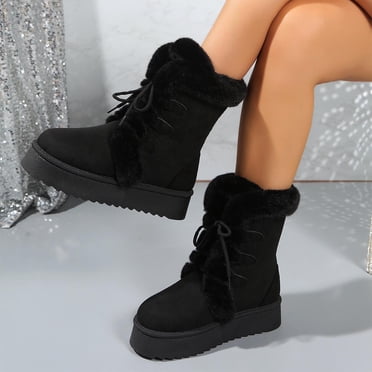Pisexur Bottes d'Hiver pour Femmes Bottines d'Hiver pour Femmes Bottines Chaudes Doublées de Fourrure Chaussures Épaissies Lacets Espadrilles Plates Bottillons d'Extérieur Noir,42