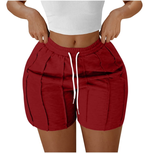Olyvenn Shorts d'Entraînement pour Femmes Été Taille Haute à Cordon de Serrage Course Gym Short Uni Décontracté à Coutures Exposées Shorts de Sortie Rouge P