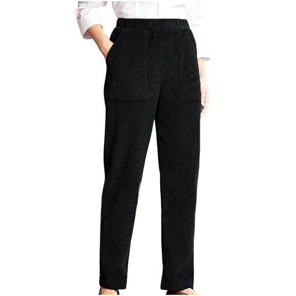 Cameland Women's Solid Pocket Corduroy Pants Straight Elastic Waist Pants Casual High Waist Trousers