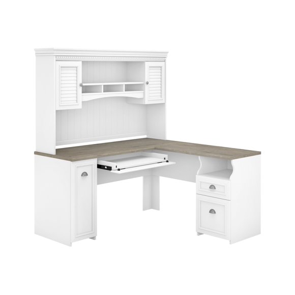 Bush Furniture Fairview L Shaped Desk with Hutch, Shiplap Gray/Pure White