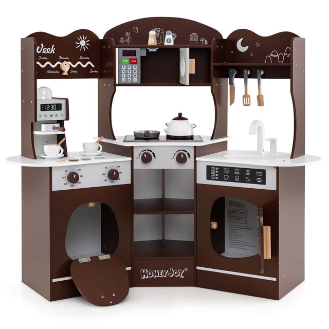 Honeyjoy Ensemble de Cuisine d'Angle avec Machine à Café Four Micro-Ondes Machine à Laver Brun