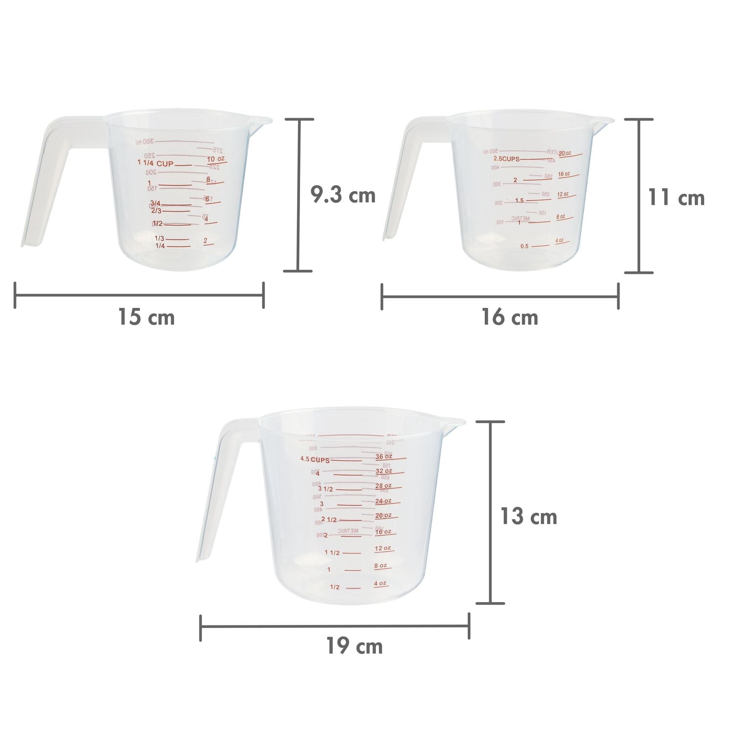 Mainstays Ensemble de tasses à mesurer en plastique de 3 pièces, transparent, avec becs verseurs et design compact
