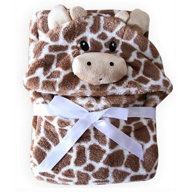 Cute Cartoon Baby Washcloth Bath Towel made of soft flannel material with a giraffe animal cartoon design. This hooded baby towel measures 100x100cm (39.37x39.37 inches) and is tied with a white ribbon, perfect for baby bathing, feeding, and wiping. Gentle on sensitive baby skin.