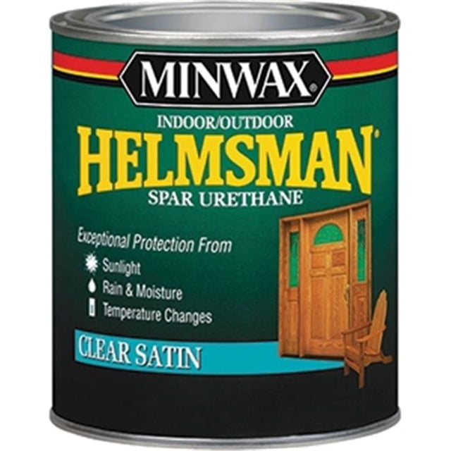 Minwax 63205 1 qt. Satin Helmsman Int & Ext Spar Urethane - Clear, a protective clear finish for interior and exterior wood surfaces, shown in a green and black can with branding and product details. Contains UV blockers to shield wood from sunlight, rain, and temperature changes.