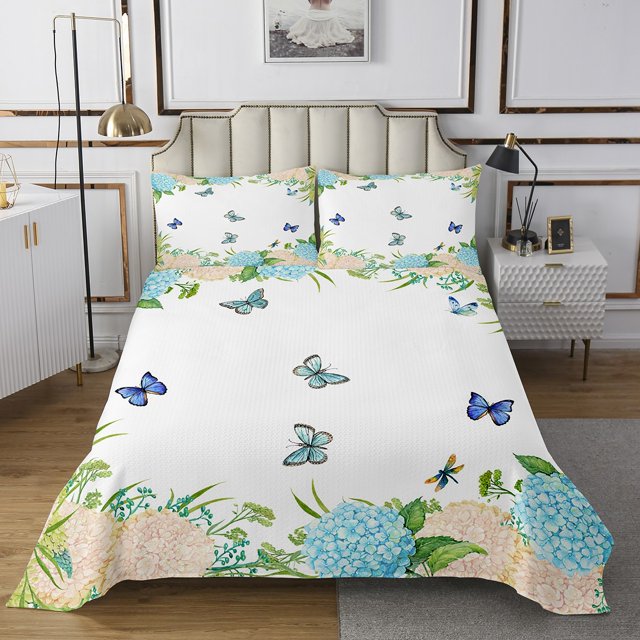 YST Kids Spring King Coverlet Set Chic Butterfly Quilt Set, Wild Dragonfly Bedspread Set Blue Pink Hydrangea Floral Bedding Set, Ultra Soft Bed Quilt Colorful Flower Girls Room Decor