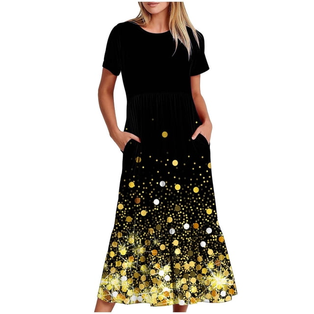 Dvkptbk Robes d'Été pour Femmes 2024 à Manches Courtes, Robes Midi Évasées, Robe T-Shirt Décontractée à Motif Floral, Robe de Plage Fluide avec Poches P-2TG