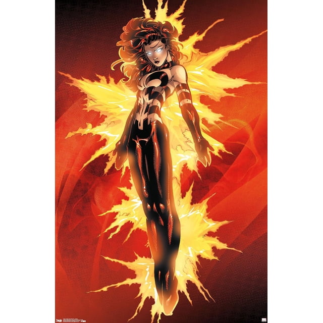 Marvel Comics The X-Men : Phénix Sombre - Affiche Murale d'Équipe, 22,375 Po x 34 Po Représentant un Phénix Sombre en Costume Ajusté Noir et Rouge avec des Flammes Jaune Vif et orange Rayonnant de Son Dos sur un Fond Rouge, Convient pour Décorer des Chambres, des Bureaux Ou des Résidences Étudiantes.