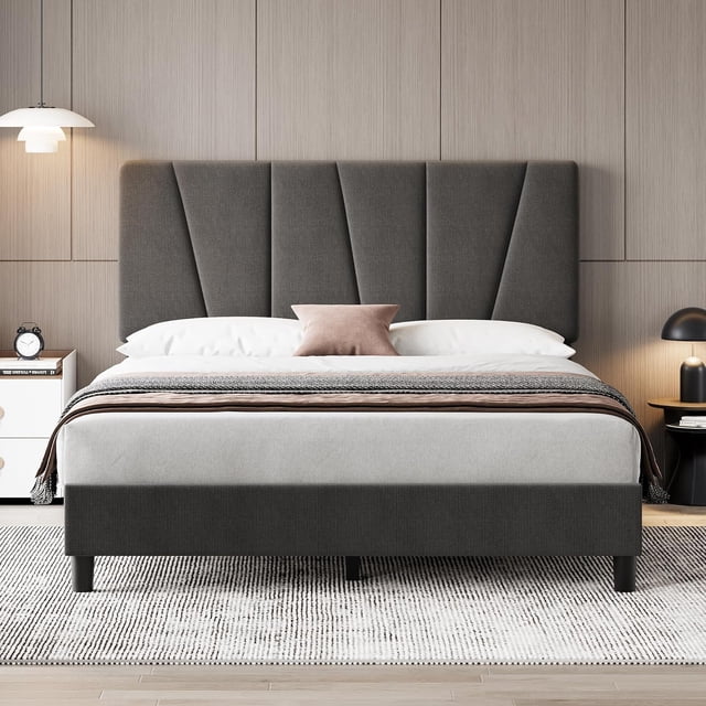 EDTara Bed Frame with Adjustable Headboard, Linen Upholstered Full Platform Bedframe in dark gray, designed with a padded linen headboard adjustable from 39.4 to 43.3 inches to fit 8-14 inch mattresses. Features strong wooden slats, a durable metal frame, and noise-reducing EVA sponge padding for quiet sleep. Shown in a modern bedroom with neutral decor, including a bedside table and lamp.