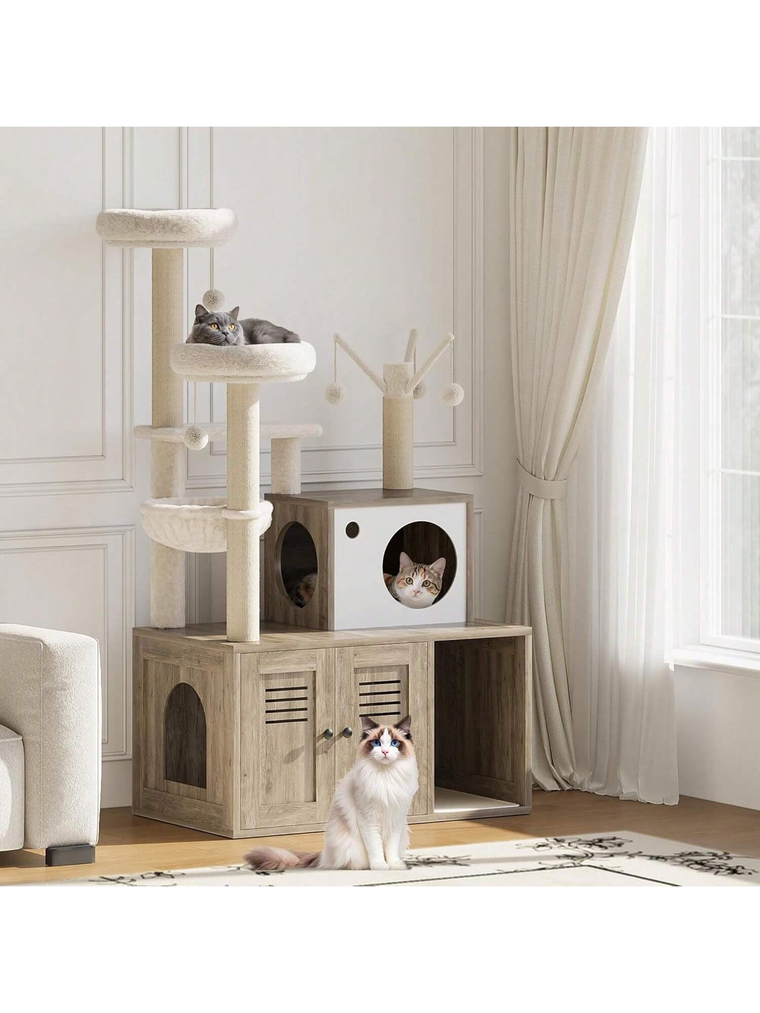 Ourlova Large Cat Tree With Litter Box Enclosure3 In 1 Cat Tower Hidden Pet Washroom Litter Box FurnitureWooden Multi Level Cat Condo Furniture With Sisal Scratching PostsSoft Plush Perch Hammock