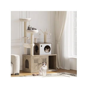 QinaQin grand 3-in-1 Arbre de chat avec boîte à litière Enclosure Caché Salle de toilettes en bois Condo de chat multi-niveaux avec poteaux de scratch Sisal