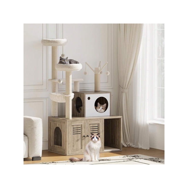 Ourlova Large Cat Tree With Litter Box Enclosure3 In 1 Cat Tower Hidden Pet Washroom Litter Box FurnitureWooden Multi Level Cat Condo Furniture With Sisal Scratching PostsSoft Plush Perch Hammock