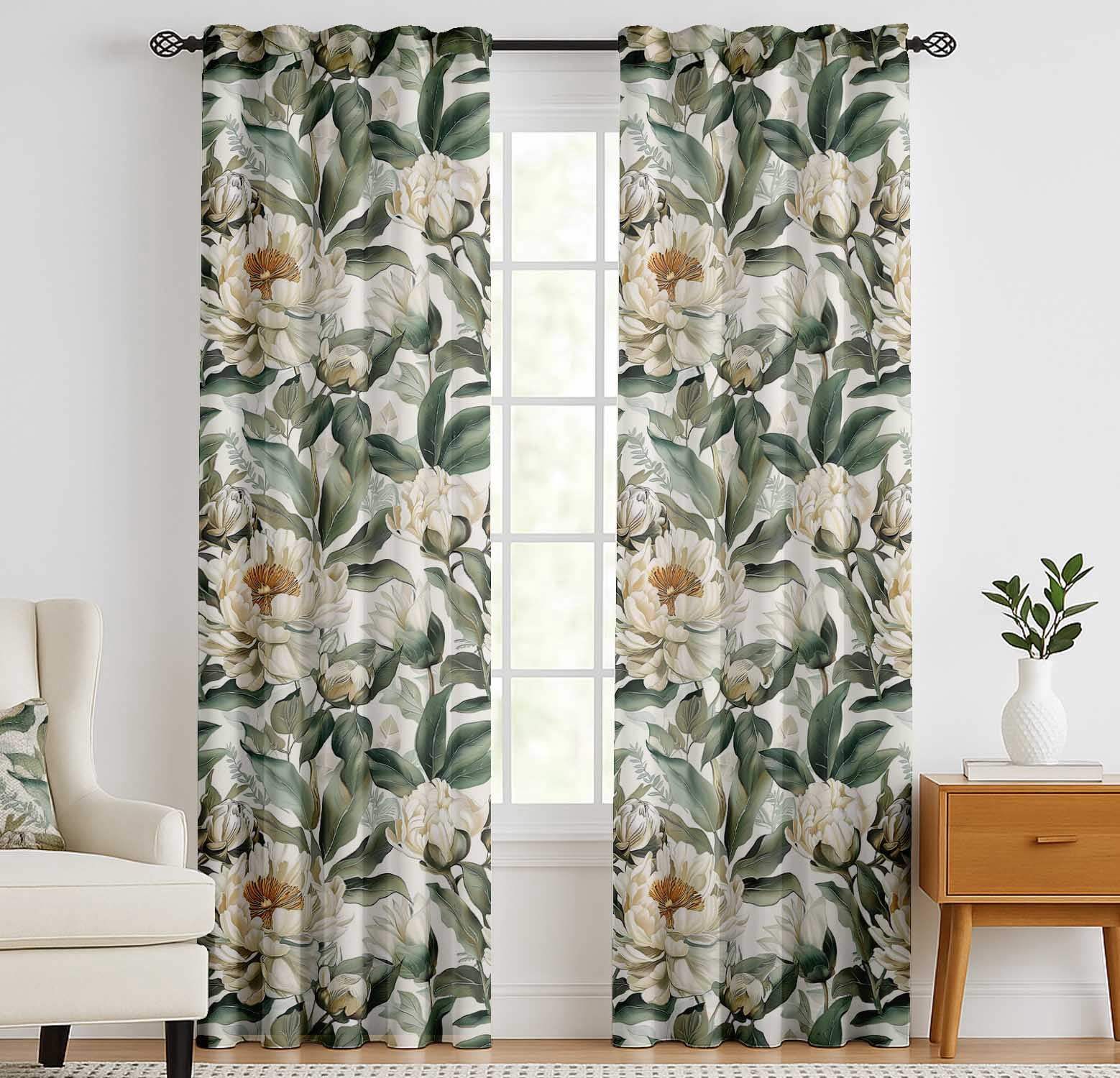 Vargottam Cotton Rod Pocket/Back Tab Curtains - 96" Floor-Length Drapes for Long Doors or Large Windows - Light Filtering, 3-in-1 Header - Set of 2, 52"x96" - Peony Botanical Print (Orange)