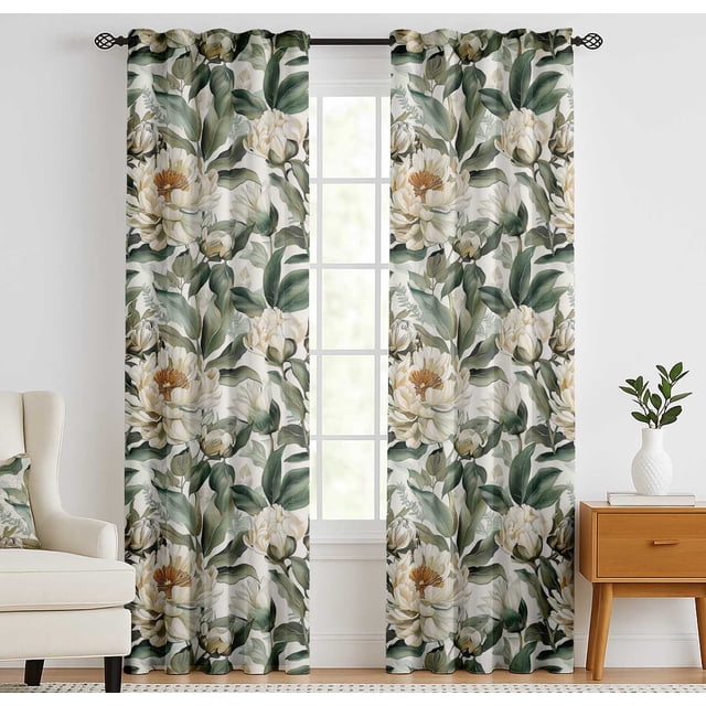 Vargottam 84 Inch Rod Pocket/Back Tab Cotton Curtains for Windows and Doors in Peony Botanical Print (Orange). Set of 2 light-filtering drapes, each measuring 52 inches wide by 84 inches long, crafted from medium-weight cotton with a nature-inspired floral design. Ideal for bedrooms, living rooms, or dining areas, featuring versatile hanging options including rod pocket, back tab, or clip rings. Curtains provide balanced light filtering with 40% transparency, allowing soft natural light while maintaining privacy.