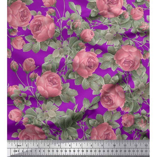 Soimoi Tissu en Rayonne Violet Imprimé Feuilles & Roses Tissu au Mètre 42 Pouces de Large