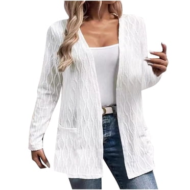 Swstbby Fall Savings Clearance! Womens Fall Jackets, Fashion Women's Solid Color Blouses Double Pocket Outwear Knitted Cardigan White L