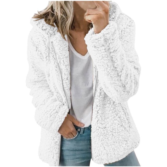 Womens Fuzzy Fleece Jackets 2023 Clearance Solid Zipper Sharpa Coat Fall Winter Warm Thick Hooded Jacket with Pockets