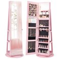 thumbnail image 1 of Gymax 360° Rotating Mirrored Jewelry Cabinet Armoire 3 Color LED Modes Lockable Pink, 1 of 10
