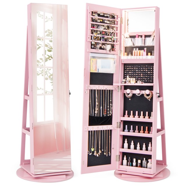 Gymax 360° Rotating Mirrored Jewelry Cabinet Armoire in pink with 3 color LED modes and lockable design. Features a full-length mirror, large interior storage with hooks, slots, and compartments for jewelry and cosmetics, as well as exterior shelves for additional storage. Includes a built-in makeup mirror, folding acrylic table, and auto-on LED lighting with adjustable colors. The cabinet rotates 360° for easy access and has a lockable door with keys for security.