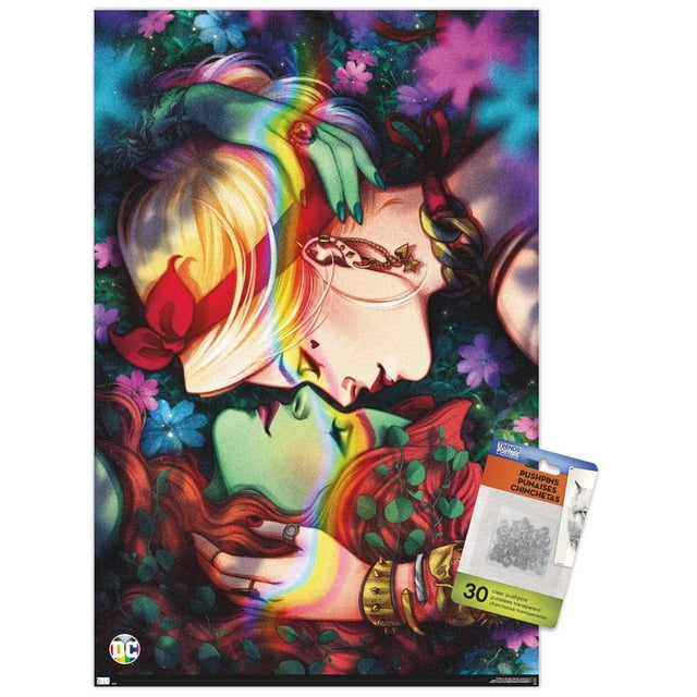 DC Comics - Harley Quinn et la Fierté du Lierre Poison Affiche Murale, 22,375 Pouces x 34 Pouces Représentant un Gros Plan de Harley Quinn aux Cheveux Blonds et au Serre-Tête Rouge Sierre Poison à Embrasser avec Peau Verte et Cheveux Rouges Ornés de Feuilles, Entourés de Fleurs Violettes et Bleues sur un Fond Sombre, Imprimée sur Papier d'Affiche Lustré Convenant à une Déco Intérieure Vibrante et à un Montage Mural Facile.