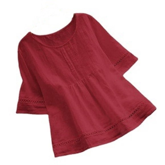 hopeusnice Women's Novelty T-Shirts V-Neck Short Sleeve Red Tees Daily Solid Color Tops Clothes for Teen Girls Stretchy Stitching Lace Crochet Eyelet Relaxed-Fit Elegant Blouse Tunic