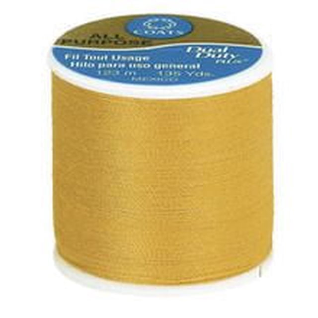 Coats & Clark All Purpose Polyester Thread spool in mustard yellow, 123 metre length, suitable for hand and machine sewing on knits and woven fabrics, shown front-facing with a blue and white label on top, often used in various sewing and craft notions.