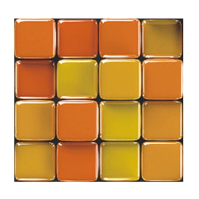 10PC 3D Crystal Tile Stickers with a glossy orange and yellow crystal-like design, perfect for DIY wall tiles in kitchens, bathrooms, and living rooms. These self-adhesive, waterproof, and scratch-resistant stickers measure 10x10cm, offering easy installation without grout or special tools.