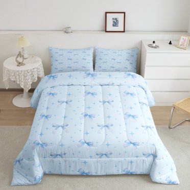 Erosebridal Bow Ribbon Comforter Sets Toddler Size, Blue Comforters & Duvets, Cartoon Bowknot decor, Breathable 2 Pieces