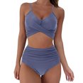thumbnail image 1 of xiaxaixu Female Two-Piece Bathing Suit, Solid Color Spaghetti Strap Bikini Tops+ Leopard Print Bikini Panties, S/M/L/XL/XXL, 1 of 8