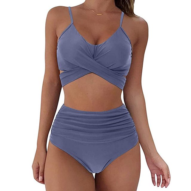 xiaxaixu Female Two-Piece Bathing Suit, Solid Color Spaghetti Strap Bikini Tops+ Leopard Print Bikini Panties, S/M/L/XL/XXL