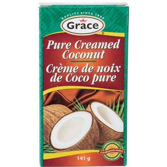 Grace Pure Coconut Cream, 141g box with green and maroon packaging featuring the brand logo, bilingual English and French text, and two halved coconuts on brown fabric. This canned coconut cream is ideal for adding rich coconut flavour to Chinese and East Asian dishes, curries, and desserts.