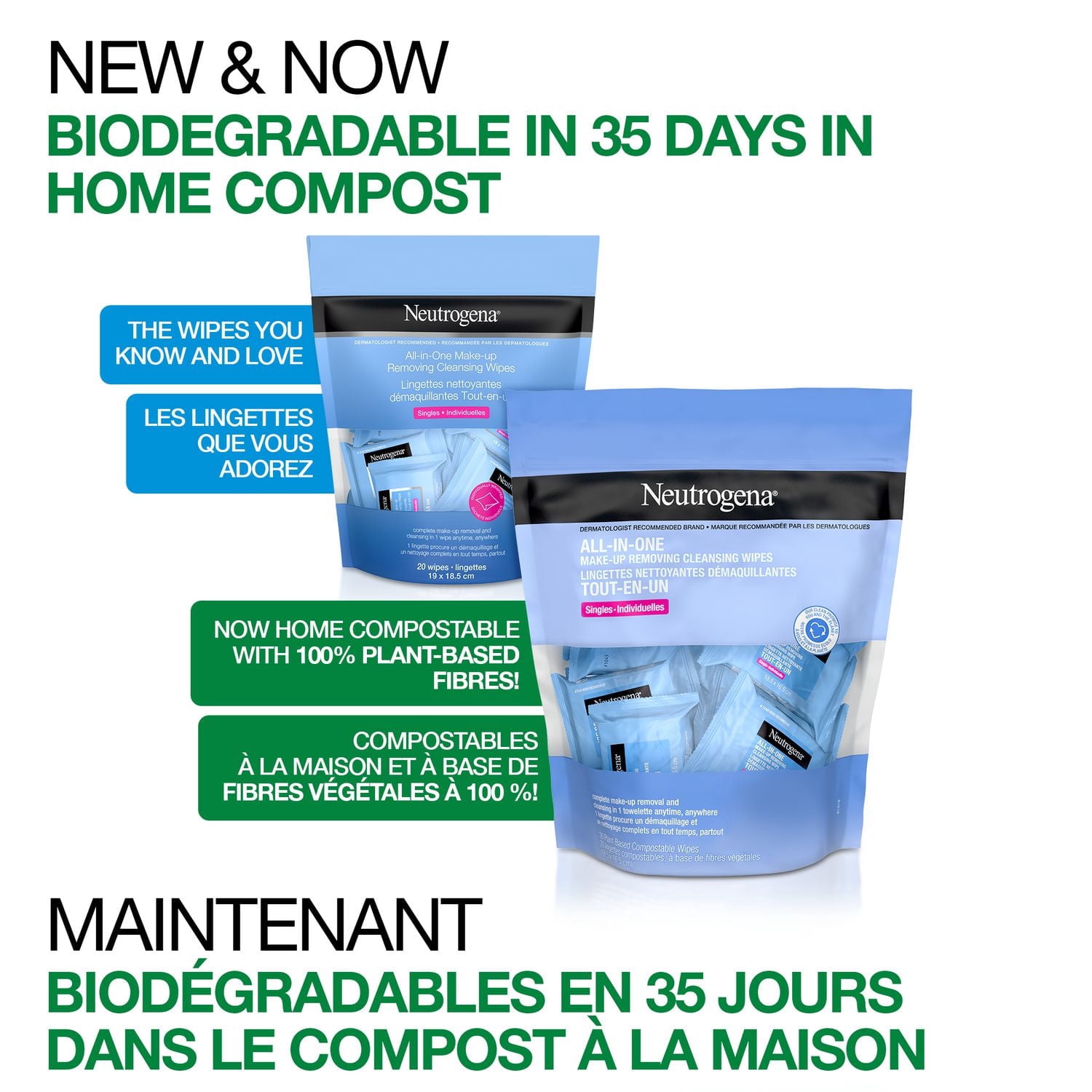 Lingettes nettoyantes démaquillantes tout-en-un Neutrogena, démaquillant pour mascara hydrofuge, non parfumées, à fibres végétales