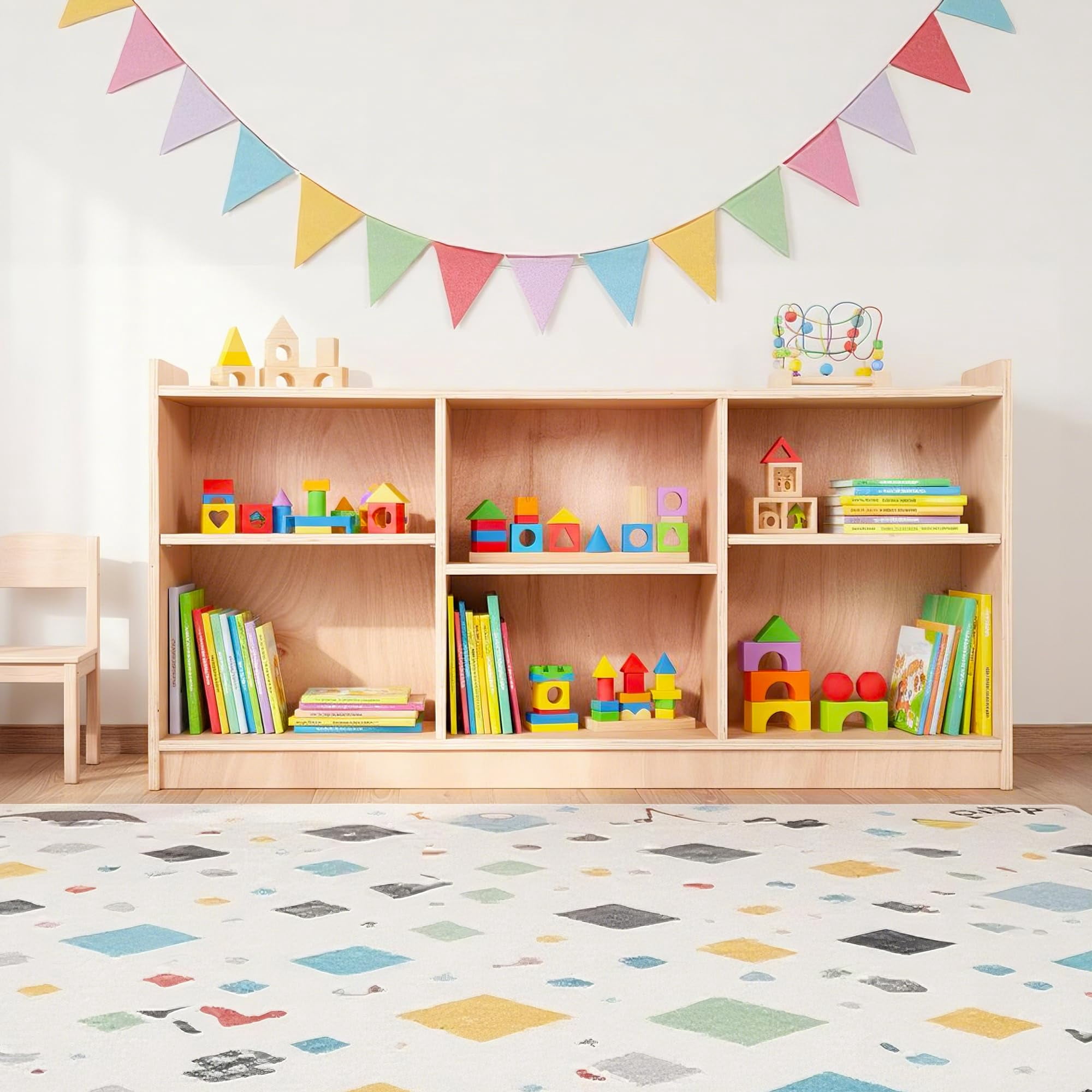 Montessori Wooden Storage Shelf, 5-Compartment Toy & Book Organizer with Adjustable Dividers – Natural Finish Kids' Bookcase for Playrooms, Nurseries & Classrooms