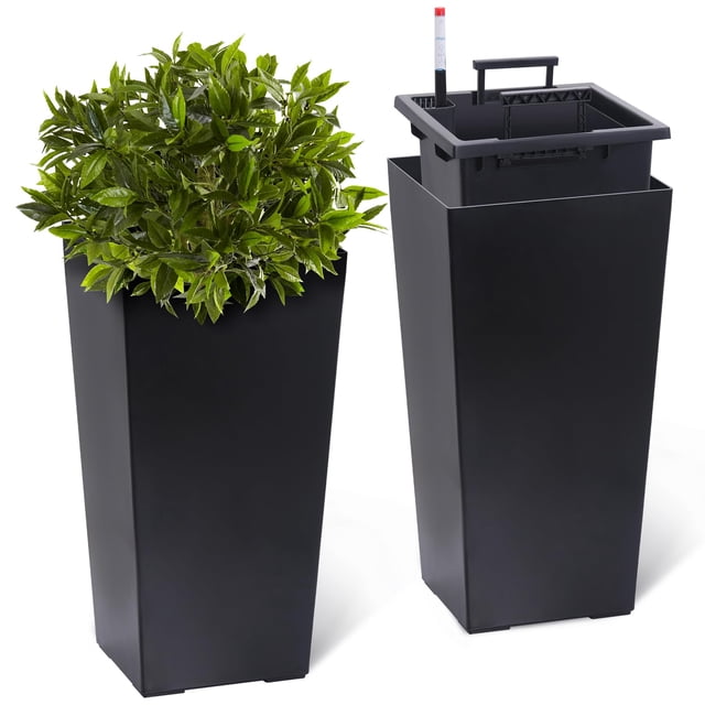 22.5 Inch Tall Planters (Set of 2), Self-Watering Black Pots for Outdoor & Indoor Use, Includes Water Monitor, Drainage & Inner Bucket, High Porch Planter Set