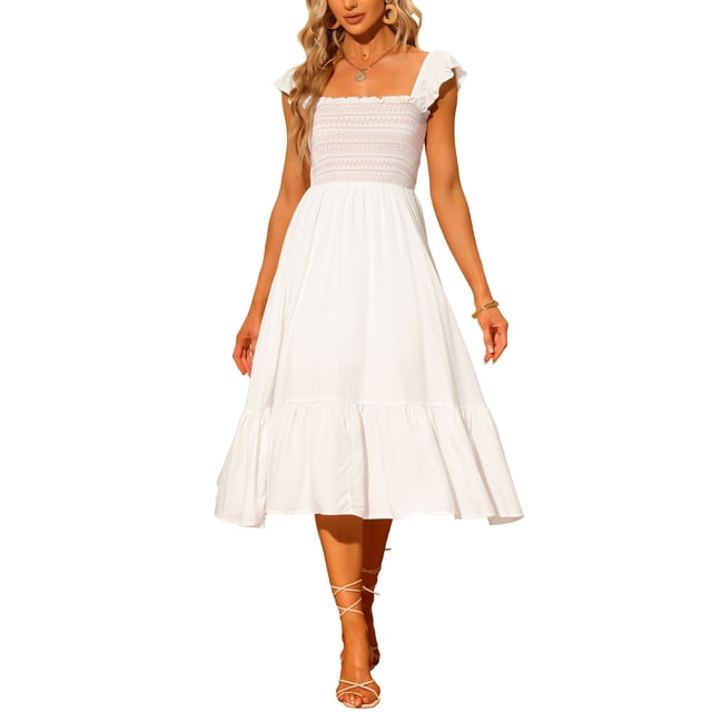 INSPIRE CHIC Women's Sundress Square Neck Ruffle Tiered Boho Midi Dress in white, designed with a smocked bodice, ruffle cap sleeves, and a flowy tiered hem. This lightweight, breathable spring dress is perfect for casual outings, beach trips, or warm-weather events, embodying a relaxed boho style.