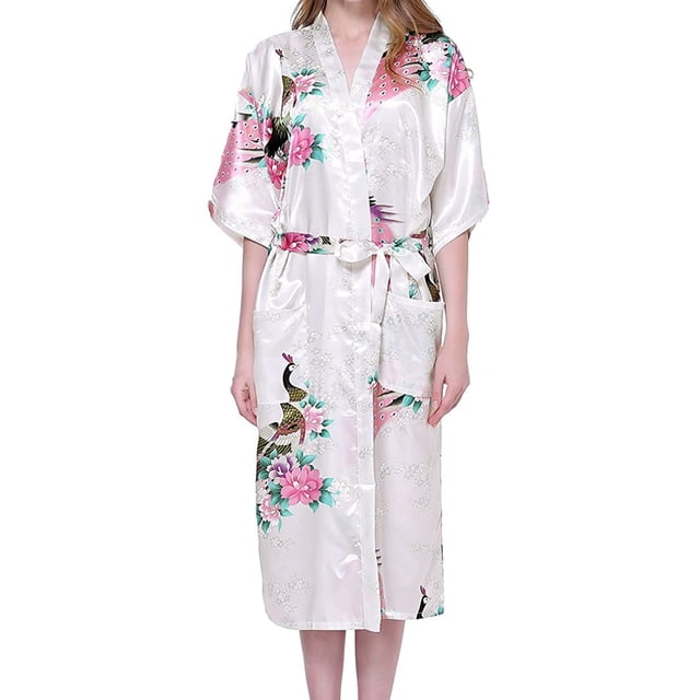 Penkiiy Peignoirs en Soie Simulée pour Femmes Peignoirs pour Femmes Kimono Paon Longue Robe de Chambre Robe Japonaise Robe L Blanc