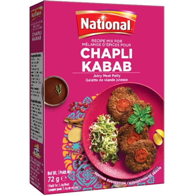 RMF CHAPLI KABAB 72G National Foods recipe mix box for Chapli Kabab with bright pink packaging, showing a serving suggestion of three spiced meat patties topped with tomato slices and cilantro on a pink plate with fresh salad and lemon wedges, made from authentic Peshawari-style spices suitable for ground beef, mutton, or chicken.