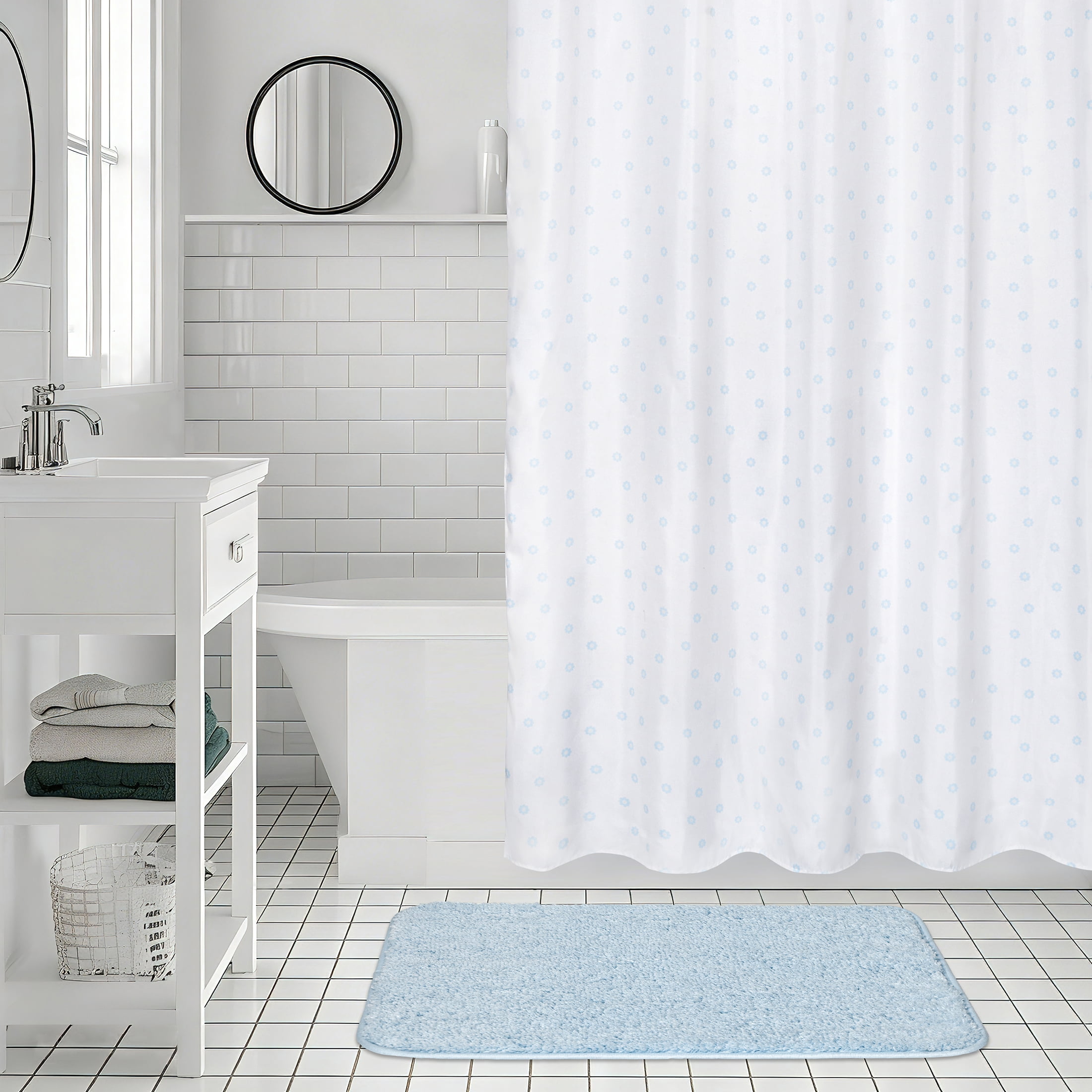Mainstays 16-Piece Blue Shower Curtain Bathroom Set – Fabric Curtain with Rug, Hooks, Soap Dispenser & Tray