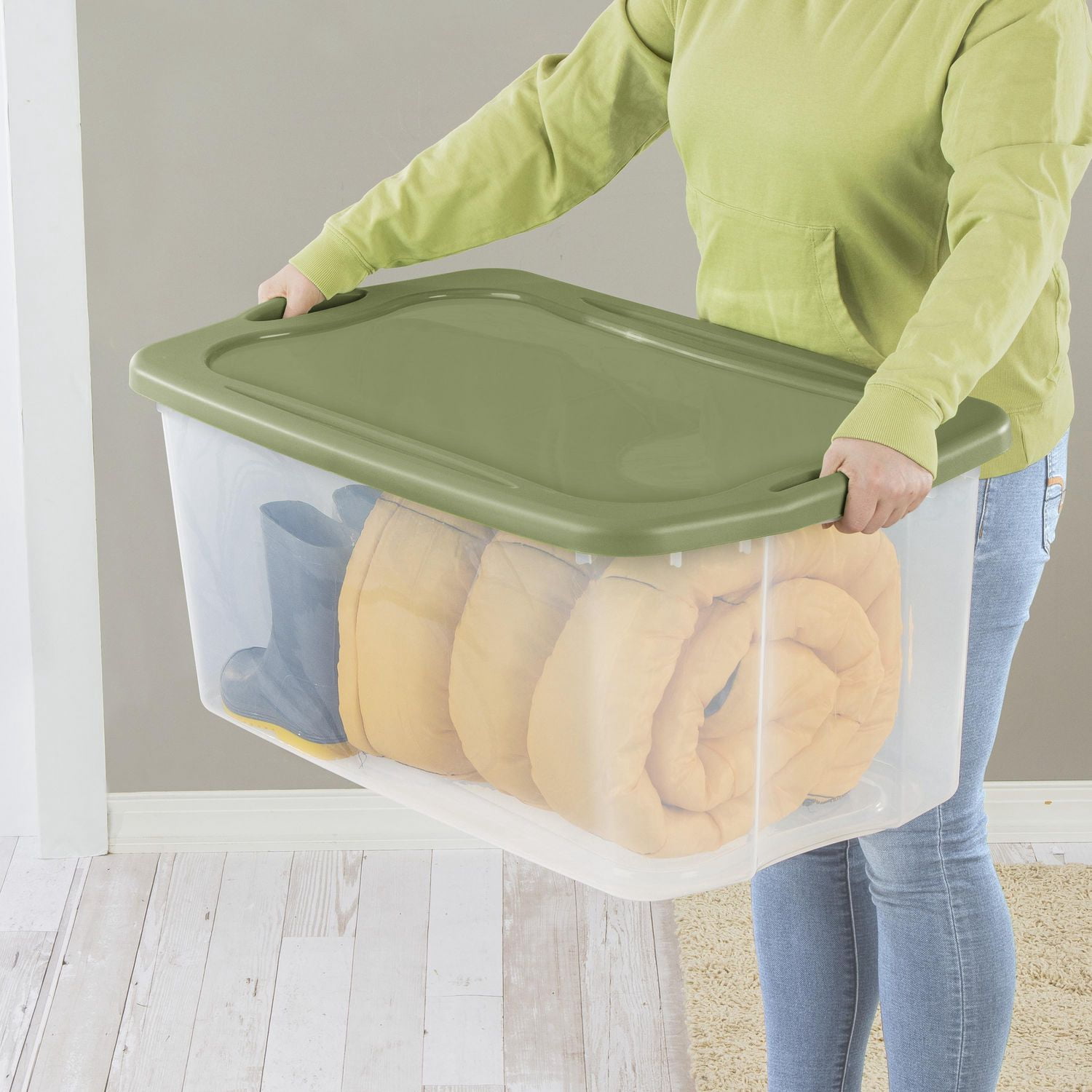 Sterilite 114 Liter EZ Carry, Extra Large Clear Plastic Storage Bin with Full-Grip Handles and Green Lid