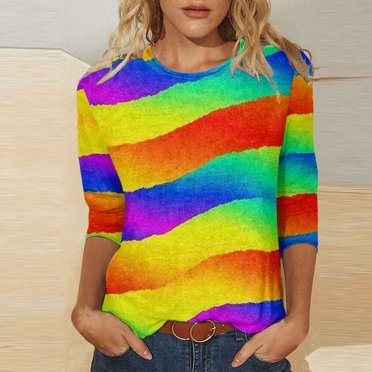 T-shirt Décontracté pour Femmes à Col Rond, Imprimé Coloré de Carnaval, Manches Trois Quarts, Haut, 3 Chemises pour Femmes, Décontracté, Femmes, T-Shirt Décontracté, T-Shirt Long, T-Shirt à Manches Longues, T-Shirts pour Femmes Extensibles