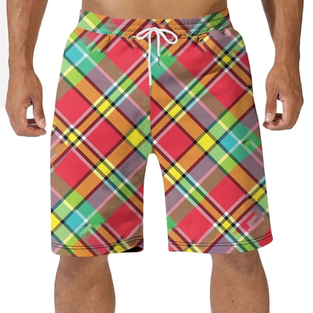 Diufon Men's Casual Shorts Spring Summer Wide Leg Loose Plaid Printed Elastic Waisted Drawstring Sport Shorts